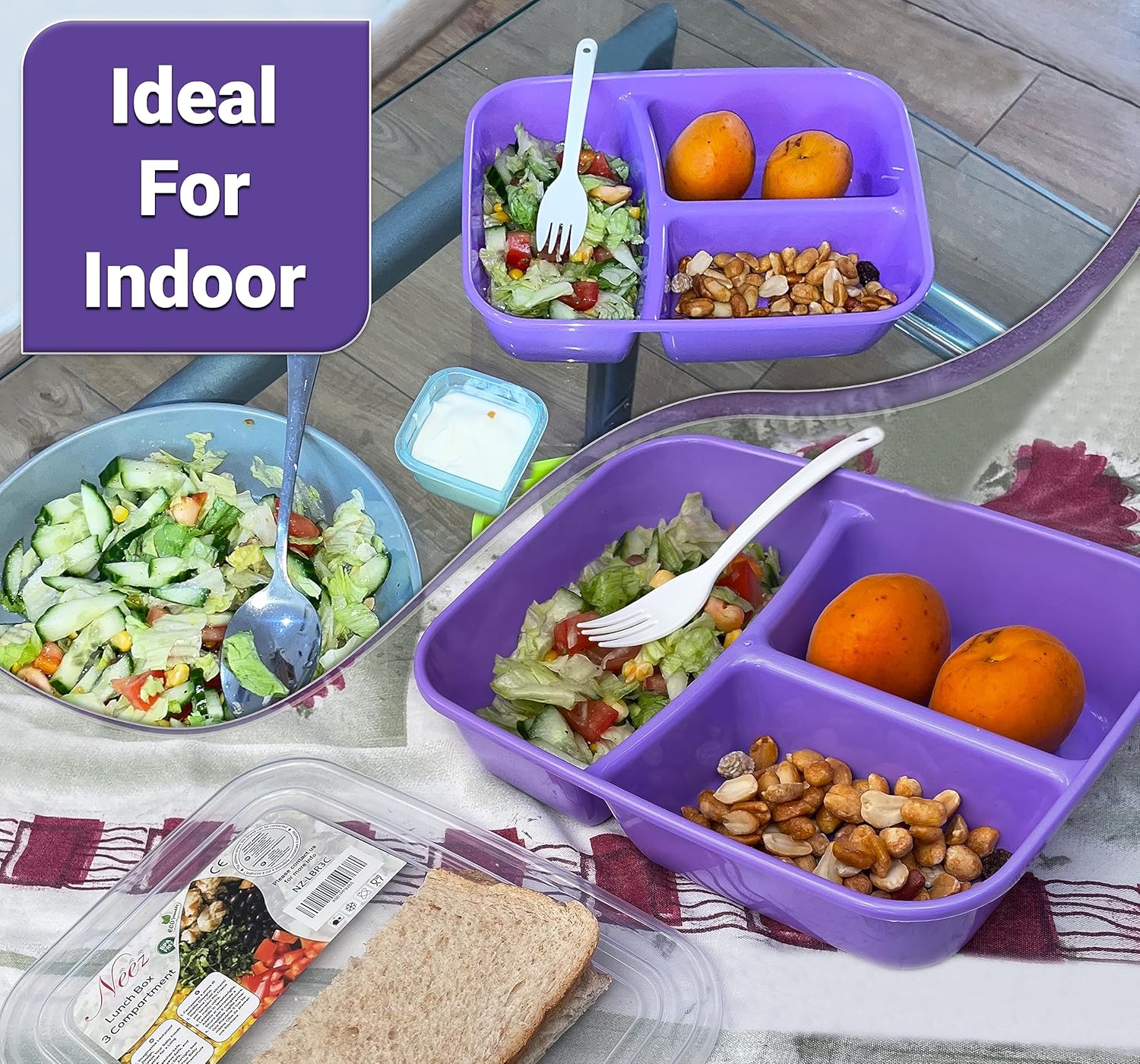 3 Compartments Bento Box (1.4L) - Lunch Box Airtight, BPA Free with Lids & Spoon (Purple)