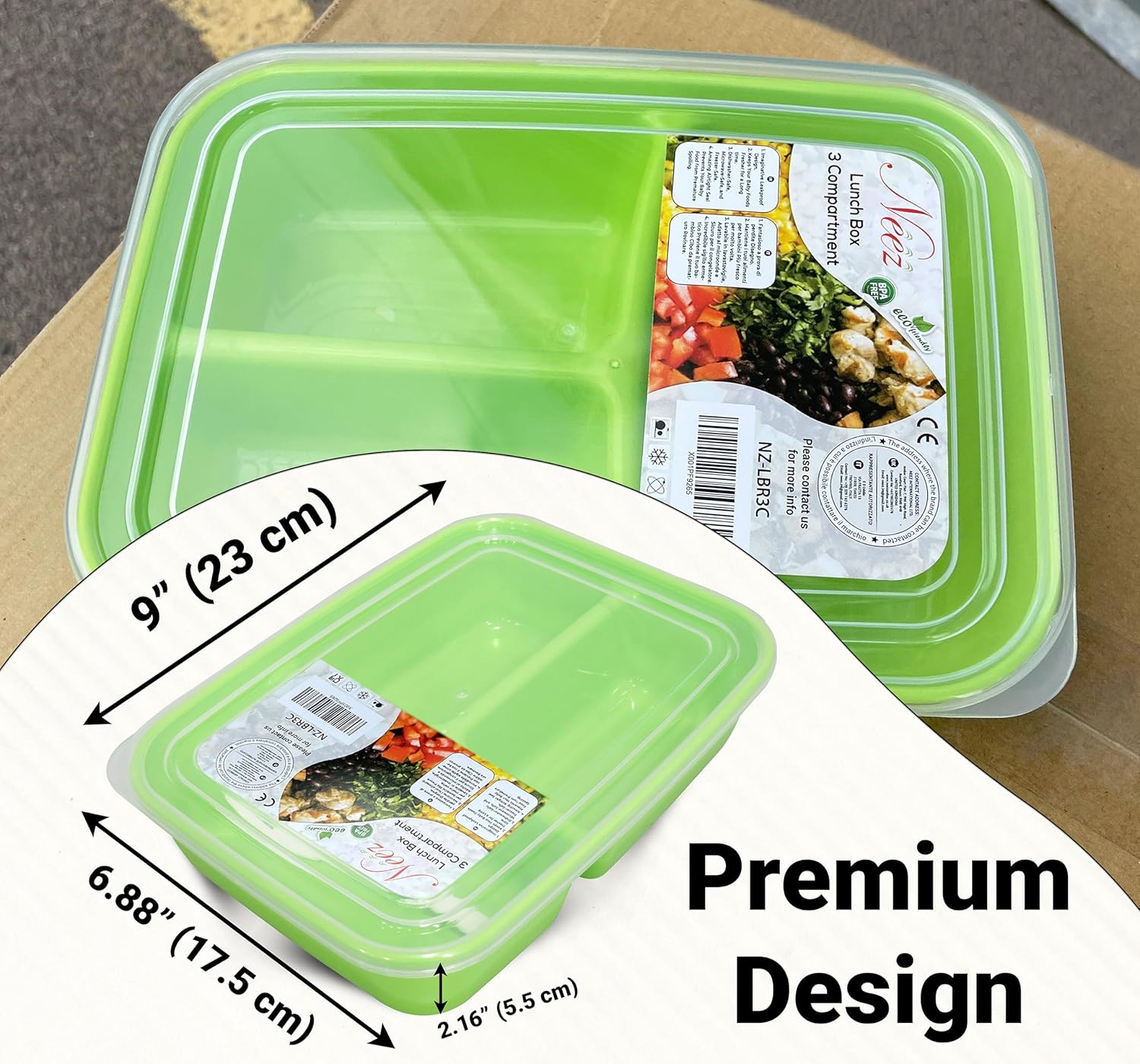 3 Compartments Bento Box (1.4L) - Lunch Box Airtight, BPA Free with Lids & Spoon (Green)