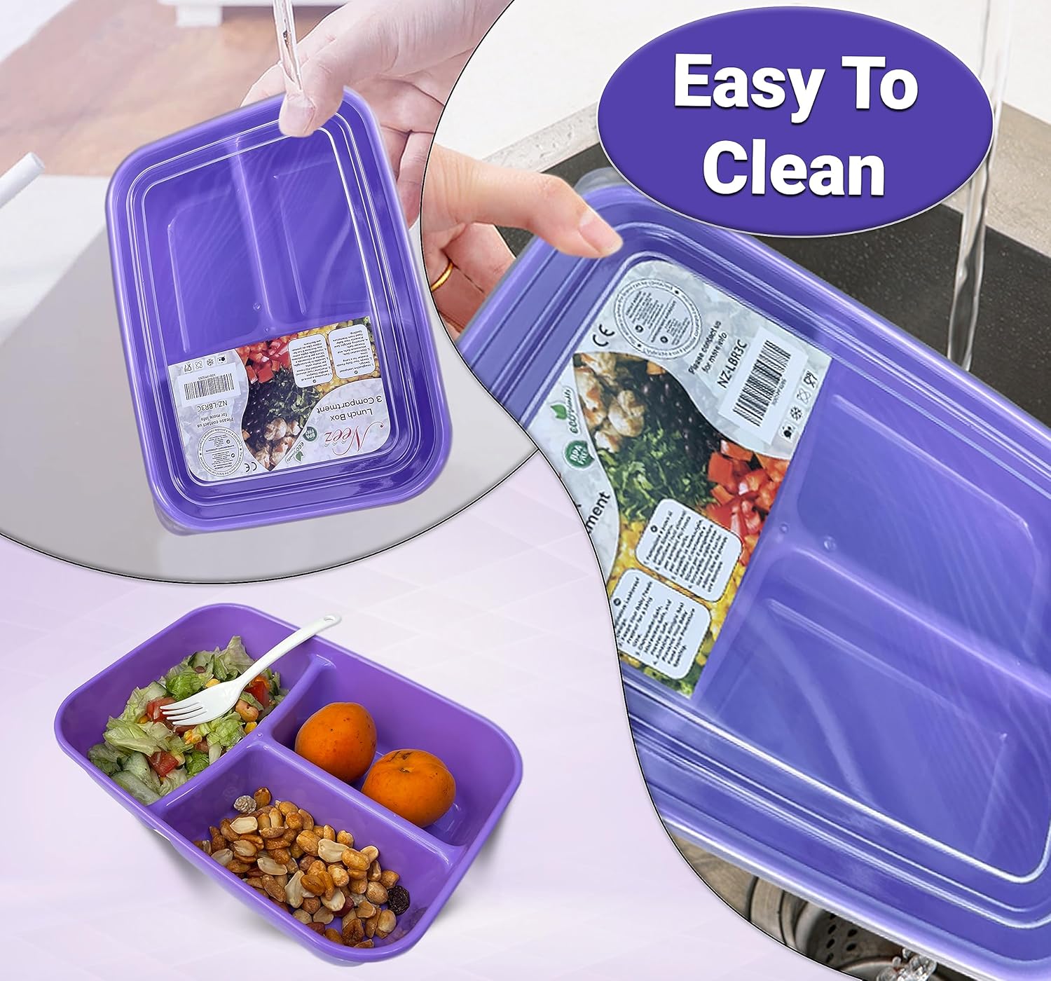 3 Compartments Bento Box (1.4L) - Lunch Box Airtight, BPA Free with Lids & Spoon (Purple)