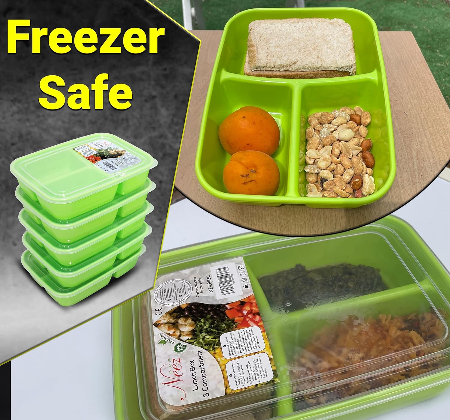 3 Compartments Bento Box (1.4L) - Lunch Box Airtight, BPA Free with Lids & Spoon (Green)