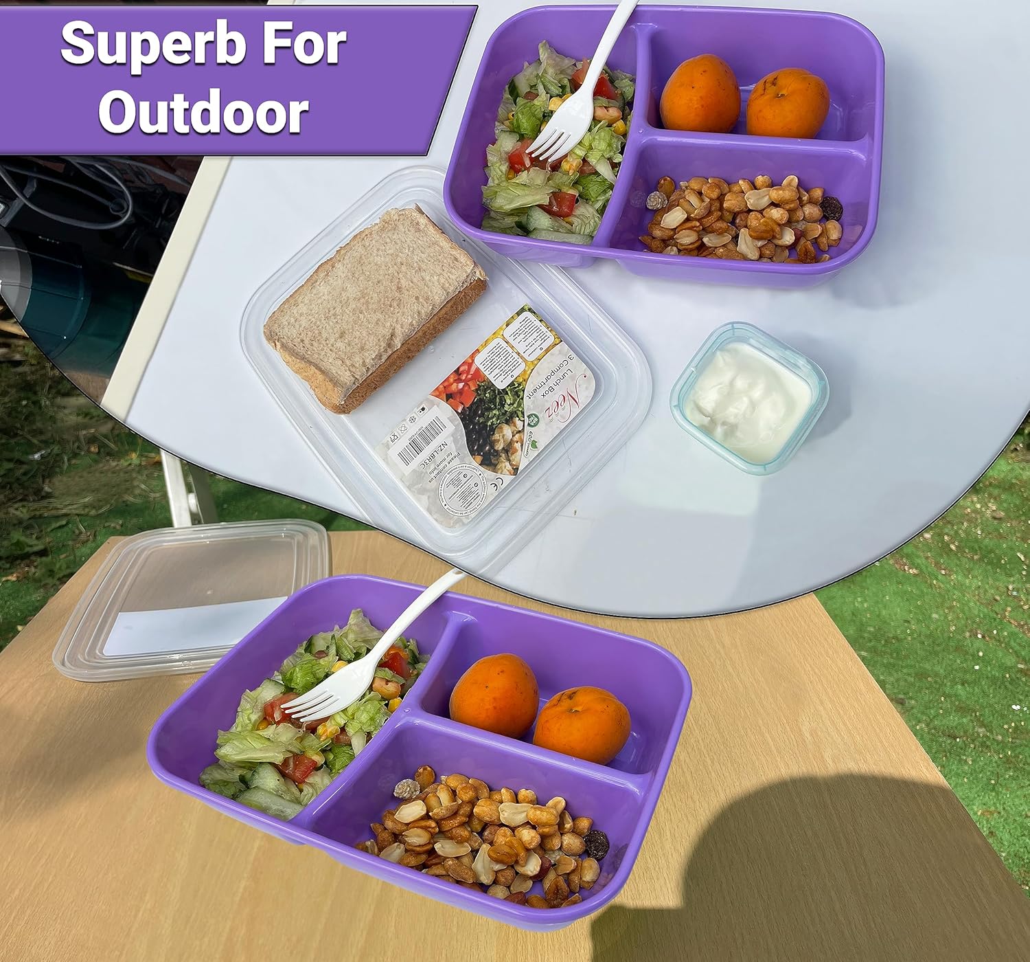 3 Compartments Bento Box (1.4L) - Lunch Box Airtight, BPA Free with Lids & Spoon (Purple)